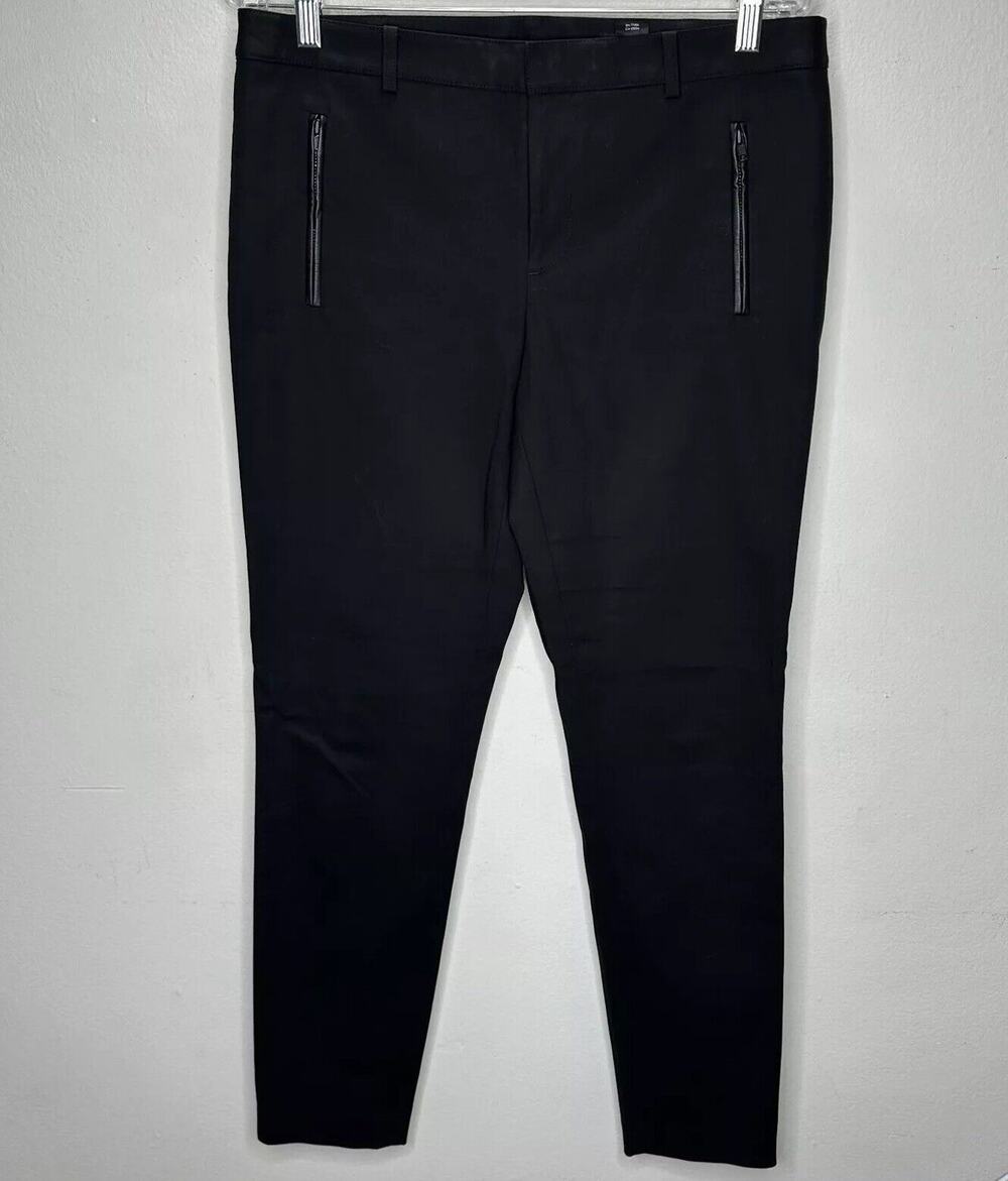 Club Monaco Black Straight Leg Leather Trimmed Zip & Pockets Trouser Pants 10